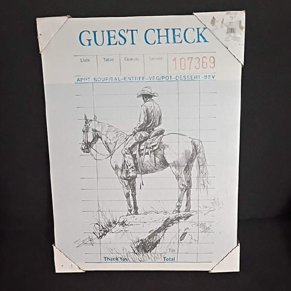 Guest Check Wall Art with Cowboy Illustration - Blue & Gray